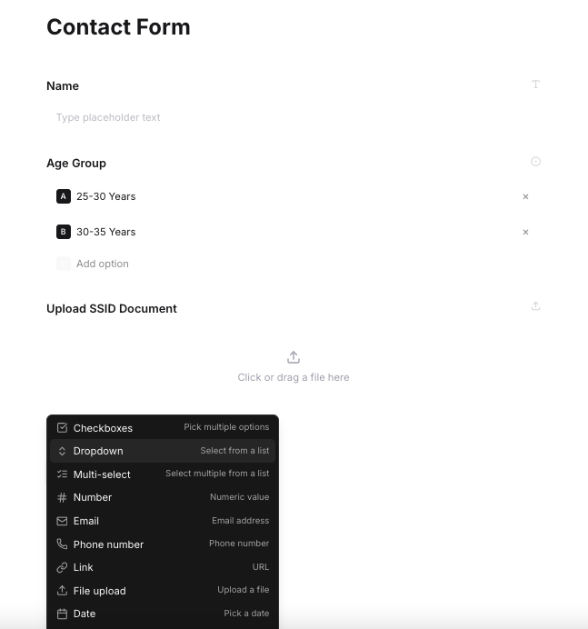 PaceForms visual form builder showing a live form preview with multiple field types and a shareable URL