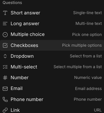 PaceForms form builder input type dropdown showing field types including multiple choice, linear scale, poll, short text, long text, and file upload