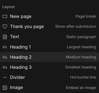 PaceForms design settings panel showing New page, Thank you page, Text, Heading 1, Heading 2, Heading 3, Divider, and Image options
