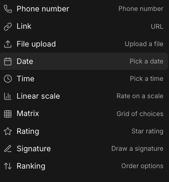 PaceForms form builder showing additional input types available in the dropdown for building forms visually